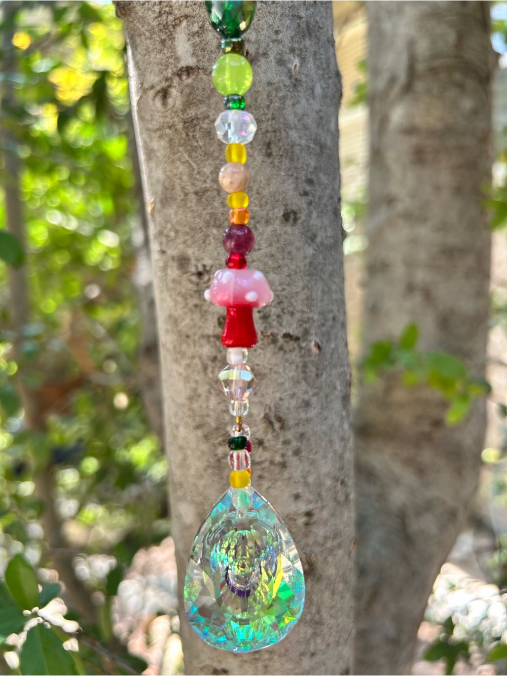 16” rainbow mushroom teardrop AB prism crystal beaded suncatcher sun charm decor